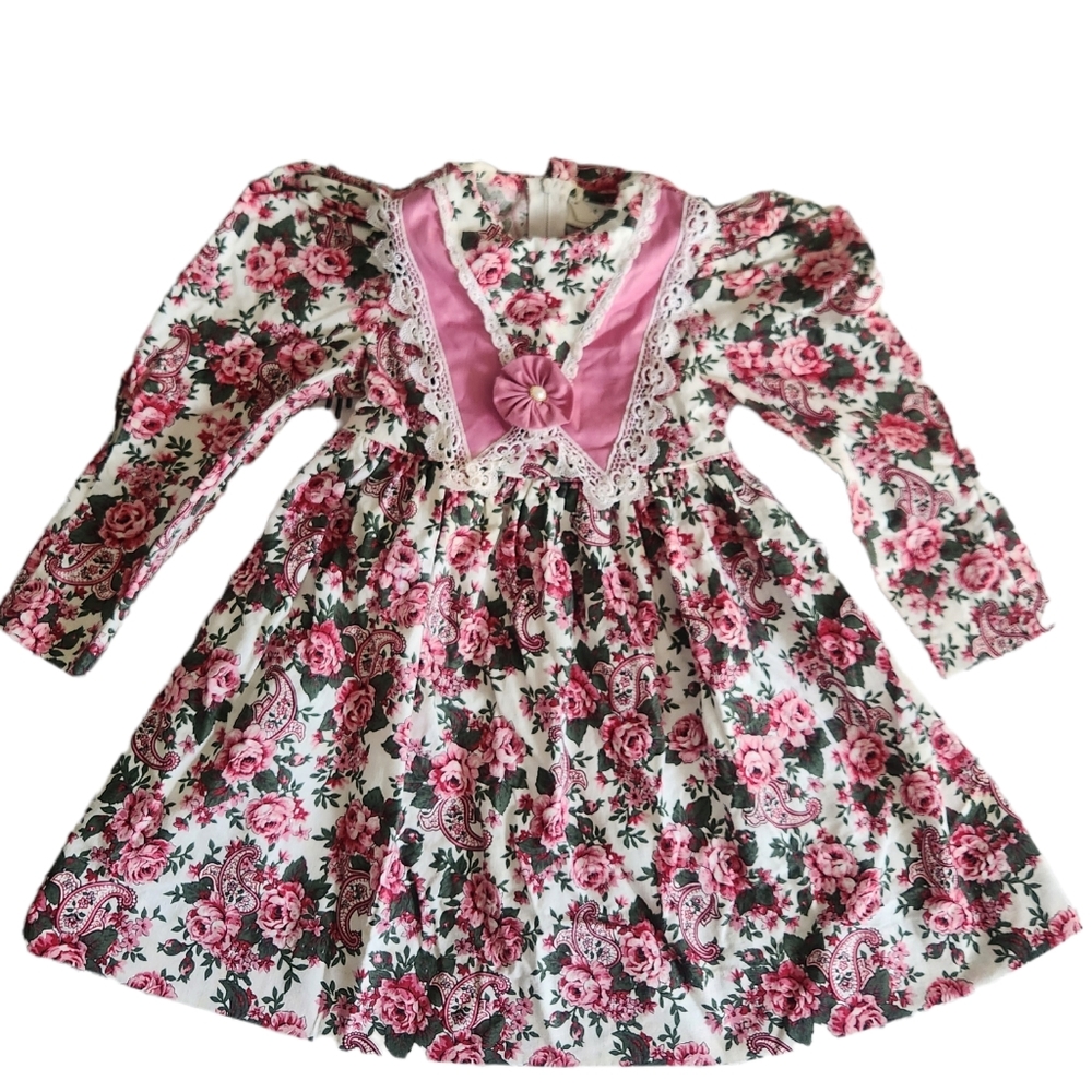 Vintage Pink and White Floral Long-Sleeve Kids Dress
